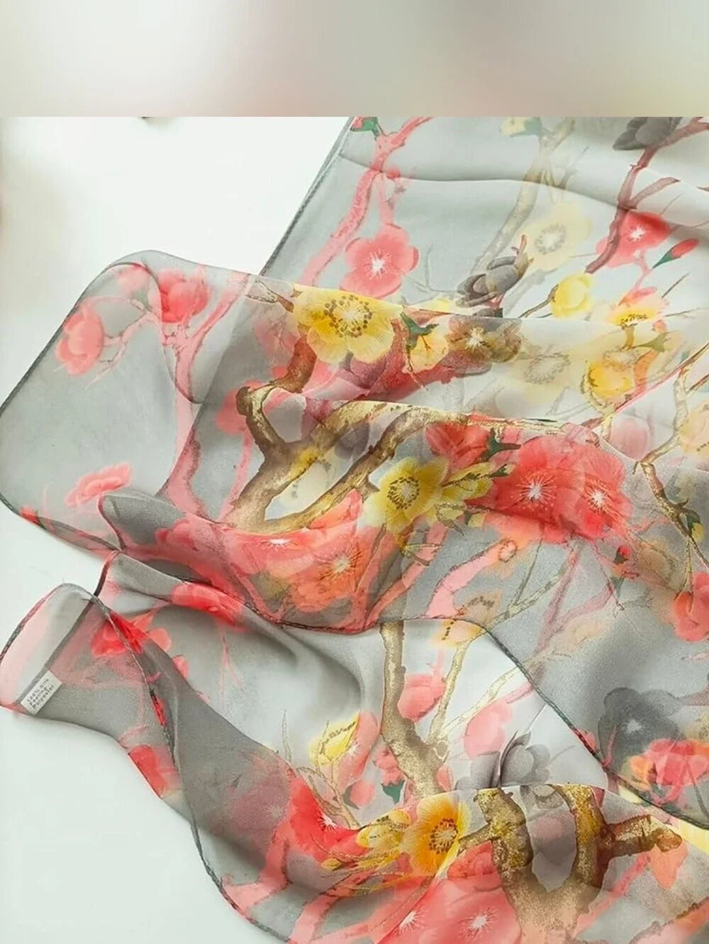 Pink Cherry Blossom Yellow Floral Lightweight Scarf Chiffon Shawl Wrap 63